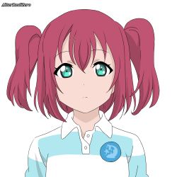 Rule 34 | 1girl, alter real zero, aqua eyes, artist name, artist request, blush, collared shirt, dolphin print, female focus, green eyes, hair between eyes, highres, kurosawa ruby, looking at viewer, love live!, love live! sunshine!!, parted lips, red hair, shirt, short hair, smile, solo, striped clothes, striped shirt, twintails, two side up, white background