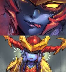 Rule 34 | 1girl, 2koma, armor, blue skin, blush, collarbone, colored skin, comic, glowing, glowing eye, hands on own cheeks, hands on own face, hands up, helmet, highres, league of legends, looking at viewer, notice lines, open mouth, phantom ix row, red armor, shiny clothes, shiny skin, shyvana, sweatdrop, yellow eyes
