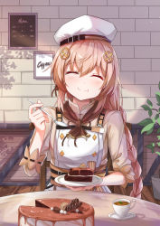 Rule 34 | 1girl, blonde hair, blush, braid, braided ponytail, breasts, brown dress, cafe, cake, chocolate, closed eyes, closed mouth, cup, dress, fnc (girls&#039; frontline), food, girls&#039; frontline, girls&#039; frontline neural cloud, hair ornament, hairclip, highres, holding, holding cake, holding food, holding plate, holding spoon, long hair, plate, ransei48, sitting, smile, solo, spoon, table, teacup, wall, white headwear