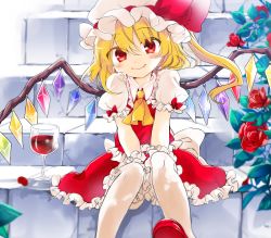 Rule 34 | 1girl, alcohol, ascot, blonde hair, bow, crystal, cup, drinking glass, fang, flandre scarlet, flower, frilled shirt, frilled shirt collar, frilled skirt, frilled sleeves, frills, hat, hat ribbon, highres, mob cap, one side up, poprication, puffy short sleeves, puffy sleeves, red bow, red eyes, red ribbon, red skirt, red vest, red wine, ribbon, rose, rose bush, shirt, short hair, short sleeves, side ponytail, sitting, sitting on stairs, skirt, skirt set, smile, stairs, touhou, vest, white shirt, wine, wine glass, wings, yellow ascot