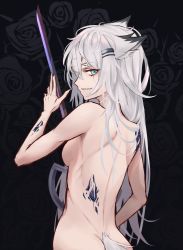 Rule 34 | 1girl, animal ears, appl3, arknights, back, back focus, black background, black nails, blue eyes, breasts, facing away, floral background, grey hair, hair ornament, hairclip, highres, holding, holding sword, holding weapon, lappland (arknights), long hair, looking at viewer, looking back, material growth, medium breasts, messy hair, nail polish, nude, oripathy lesion (arknights), rose background, scar, scar across eye, scar on face, sideboob, sideways mouth, simple background, solo, sword, tail, weapon, wolf ears, wolf girl, wolf tail