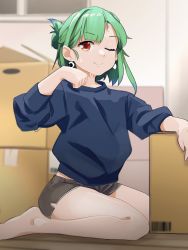 Rule 34 | 1girl, alternate costume, asymmetrical hair, bad id, bad twitter id, barcode, barefoot, box, casual, commentary request, crescent, drop earrings, earrings, folded ponytail, green hair, highres, hololive, indoors, jewelry, looking at viewer, one eye closed, red eyes, seiza, shorts, sitting, sleeves pushed up, solo, sweat, sweater, u no 01, uruha rushia, virtual youtuber, window, wiping sweat, wooden floor