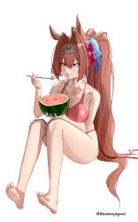 Rule 34 | 1girl, absurdres, alternate costume, alternate hairstyle, antenna hair, baozouyeguai, bare shoulders, barefoot, bikini, blush, breasts, commentary request, daiwa scarlet (umamusume), fang, food, fruit, hair between eyes, hair intakes, highres, holding, holding food, holding fruit, holding spoon, knees up, large breasts, long hair, open mouth, pink bikini, ponytail, red eyes, red hair, simple background, sitting, skin fang, soles, solo, spoon, swimsuit, tiara, toes, twitter username, umamusume, very long hair, watermelon, white background