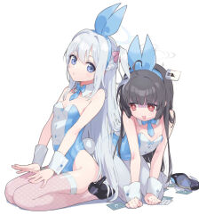 Rule 34 | 2girls, all fours, animal ears, black footwear, black hair, blue archive, blue eyes, blue leotard, breasts, detached collar, fake animal ears, fake tail, grey hair, grey pantyhose, high heels, leotard, long hair, machico maki, miyako (blue archive), miyu (blue archive), multiple girls, open mouth, pantyhose, playboy bunny, rabbit ears, rabbit tail, red eyes, shoes, simple background, sitting, small breasts, tail, tearing up, thighhighs, white background, wrist cuffs