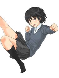 Rule 34 | 1girl, amagami, black hair, black socks, blue sweater, brown eyes, clenched hand, collared shirt, falling, fighting stance, foreshortening, grey skirt, highres, kibito high school uniform, kneehighs, long sleeves, nanasaki ai, open mouth, outstretched arm, pleated skirt, school uniform, shirt, short hair, simple background, skirt, socks, solo, sweater, takenoko saba otto, teeth, thighs, upper teeth only, white background