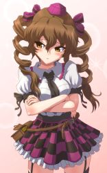 Rule 34 | 1girl, black thighhighs, blush, brown hair, checkered clothes, checkered skirt, crossed arms, curly hair, garter straps, hat, highres, himekaidou hatate, kezune (i- -i), long hair, looking away, necktie, skirt, solo, thighhighs, tokin hat, touhou, twintails, yellow eyes