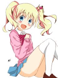 Rule 34 | 1girl, alice cartelet, blonde hair, blue eyes, blush, bow, dot nose, kin-iro mosaic, long hair, looking at viewer, miniskirt, nasutane, open mouth, pink sweater, school uniform, shoes, simple background, sitting, skirt, solo, sweater, thighhighs, white background, white thighhighs