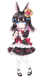 Rule 34 | 1girl, animal ears, black footwear, black hair, black shirt, black skirt, blue bow, blue eyes, blush, bow, closed mouth, collared shirt, commentary request, copyright request, crown, earrings, frilled shirt collar, frills, full body, hair between eyes, hair bow, hands up, highres, jewelry, looking at viewer, mini crown, multicolored hair, own hands together, pantyhose, pink hair, pleated skirt, puffy short sleeves, puffy sleeves, rabbit ears, red bow, shikito (yawa0w0), shirt, shoes, short sleeves, simple background, skirt, solo, standing, striped, striped bow, tilted headwear, two-tone hair, virtual youtuber, white background, white pantyhose, wrist cuffs