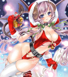 Rule 34 | 1girl, at classics, bell, belt, breasts, christmas, demon girl, demon tail, demon wings, fang, gift, hat, horns, large breasts, long hair, marker (medium), one-piece swimsuit, original, pink hair, purple eyes, sack, santa hat, smile, solo, swimsuit, tail, traditional media, very long hair, white legwear, wings