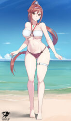 Rule 34 | 1girl, alternate costume, artist logo, barefoot, beach, bikini, blue sky, breasts, brown eyes, chest jewel, closed mouth, commentary, core crystal (xenoblade), full body, glimmer (xenoblade), hair between eyes, hairband, halterneck, high ponytail, highres, kaos art, large breasts, long hair, looking at viewer, navel, ocean, red bikini, red hair, sky, smile, solo, swept bangs, swimsuit, thigh strap, toes, two-tone bikini, two-tone hairband, very long hair, white bikini, xenoblade chronicles (series), xenoblade chronicles 3, xenoblade chronicles 3: future redeemed