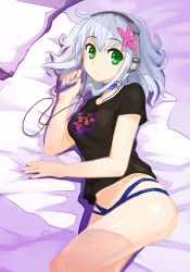 Rule 34 | 10s, 1girl, amagi brilliant park, bed sheet, blue hair, breasts, digital media player, flower, green eyes, hair flower, hair ornament, headphones, looking at viewer, lying, muse (amaburi), on bed, on side, orz (orz57), panties, pink thighhighs, shirt, short hair, solo, t-shirt, thighhighs, underwear