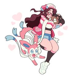 Rule 34 | 1girl, absurdres, black socks, blue eyes, blue shorts, blush, bow, brown eyes, brown hair, commentary, commission, creatures (company), english commentary, full body, game freak, gen 6 pokemon, glasses, hat, heart, highres, holding, holding pokemon, jacket, kneehighs, lechonk, long hair, magicact, midriff, navel, nintendo, one eye closed, open clothes, open jacket, open mouth, original, pink headwear, pink jacket, poke ball print, pokemon, pokemon (creature), red-framed eyewear, shoes, short shorts, shorts, simple background, smile, socks, stomach, sylveon, white background, white footwear