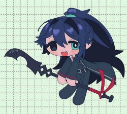 Rule 34 | 1boy, angellyuna, black coat, black eyes, black hair, blue eyes, coat, collared shirt, fang, half updo, heterochromia, holding, holding polearm, holding weapon, hong lu (project moon), limbus company, long hair, long sleeves, looking at viewer, mismatched pupils, necktie, open mouth, polearm, project moon, red necktie, shirt, smile, solo, very long hair, weapon, white shirt