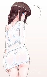 Rule 34 | 1girl, ahoge, alternate costume, arm at side, arm behind back, ass, blue eyes, braid, brown hair, chocolate, cowboy shot, dated, food, gradient background, hair over shoulder, highres, kantai collection, long hair, long sleeves, mouth hold, naked shirt, nape, no panties, off shoulder, pocky, profile, shigure (kancolle), shigure kai ni (kancolle), shiny skin, shirogane (cufsser), shirt, signature, single bare shoulder, single braid, sleeves past wrists, solo, standing, thigh gap, valentine, white background, white shirt