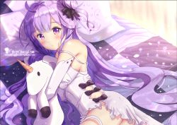 Rule 34 | 1girl, absurdres, ahoge, ass, azur lane, bad id, bad pixiv id, bed, bedroom, black bow, blush, bow, breasts, chinchongcha, dress, highres, long hair, looking at viewer, lying, on side, petals, pillow, purple eyes, purple hair, shiny skin, signature, solo, sparkle, unicorn (azur lane), very long hair, wavy hair