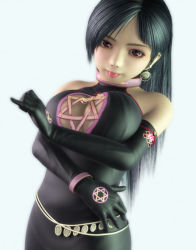 Rule 34 | 1girl, 3d, :p, black hair, breasts, brown eyes, character request, choker, cleavage, cleavage cutout, clothing cutout, earrings, elbow gloves, gloves, hexagram, jewelry, large breasts, long hair, magen david, shield of david, solo, source request, star of david, tongue, tongue out
