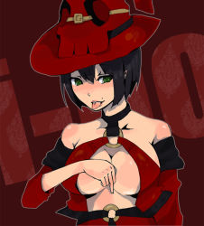 Rule 34 | arc system works, bad id, bad pixiv id, bare shoulders, black hair, bob cut, breasts, cleavage, collar, green eyes, guilty gear, hat, i-no, large breasts, middle finger, mole, nikiro, red hat, short hair, solo, tongue, witch hat