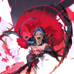 Rule 34 | 1boy, black gloves, blue hair, cape, claws, crazy eyes, crazy smile, cu chulainn (fate), cu chulainn alter (fate), cu chulainn alter (third ascension) (fate), earrings, elbow gloves, facepaint, facial mark, fate/grand order, fate (series), fur, gae bolg (fate), gloves, highres, holding, holding polearm, holding weapon, hood, hood up, jewelry, long hair, open mouth, polearm, red eyes, smile, spear, spikes, tail, tattoo, teeth, tobu (bilibil), weapon