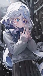 Rule 34 | 1girl, absurdres, alternate costume, black skirt, blue eyes, blush, breath, casual, cowboy shot, cowlick, drop-shaped pupils, felicia8, from side, furina (genshin impact), genshin impact, grey hair, grey scarf, grey sweater, hair between eyes, hands up, heterochromia, highres, long hair, looking ahead, mismatched pupils, outdoors, parted lips, pleated skirt, scarf, skirt, snow, solo, steepled fingers, sweater, symbol-shaped pupils, wavy hair, winter