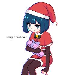 Rule 34 | 1girl, aqua eyes, aqua hair, bell, black pantyhose, black sleeves, blue hair, blunt bangs, blush, bob cut, box, capelet, chibikki, christmas, chromatic aberration, closed mouth, colored inner hair, crop top, dot mouth, dot nose, dress, fur-trimmed capelet, fur-trimmed dress, fur-trimmed headwear, fur trim, gift, gift box, hat, highres, jingle bell, long sleeves, looking at viewer, merry christmas, multicolored hair, nanako (chibikki), neck bell, no halo, original, pantyhose, pixel art, red capelet, red dress, red hat, santa costume, santa dress, santa hat, short hair, shorts, simple background, sitting, solo, two-tone hair, white background