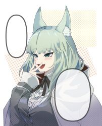 Rule 34 | 1girl, animal ear fluff, animal ears, arknights, blush, breasts, cat ears, cat girl, comic, covering own mouth, green eyes, green hair, hand over own mouth, harmonie (arknights), highres, hiyofumi, hood, hood down, kimoi girls (meme), large breasts, long hair, long sleeves, meme, open mouth, solo, speech bubble, template