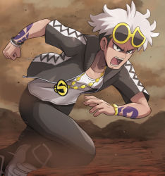 Rule 34 | 1boy, black hair, black pants, bracelet, clenched hand, collarbone, commentary request, creatures (company), eyewear on head, game freak, guzma (pokemon), highres, jewelry, male focus, motion blur, multicolored hair, necklace, nintendo, open mouth, outdoors, pants, pokemoa, pokemon, pokemon sm, running, shoes, short sleeves, solo, sunglasses, tattoo, teeth, tongue, two-tone hair, white footwear, white hair, yellow-framed eyewear