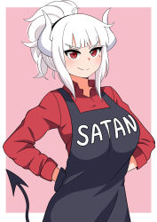 Rule 34 | 1girl, absurdres, apron, black tail, breasts, closed mouth, clothes writing, collared shirt, commentary, cowboy shot, demon girl, demon horns, demon tail, english commentary, hair tie, hand on own hip, helltaker, highres, horns, large breasts, laughing, looking at viewer, lucifer (helltaker), medium hair, outside border, pink background, red eyes, red shirt, shirt, sleeves rolled up, smile, solo, tail, the only shoe, white hair, white horns