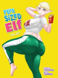 Rule 34 | 1girl, arm up, ass, bad id, bad pixiv id, belly, blonde hair, blush, braid, breasts, butt crack, clothes writing, elf, elf-san wa yaserarenai., english text, elfuda (elf-san wa yaserarenai.), food, french braid, french fries, green eyes, highres, huge breasts, large breasts, leg up, looking at viewer, nose, pants, plump, pointy ears, shirt, short hair, solo, standing, standing on one leg, striped, t-shirt, toroboro, track pants, vertical stripes