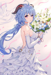 Rule 34 | 1girl, absurdres, ahoge, backless dress, backless outfit, bare shoulders, blue hair, bouquet, breasts, bridal veil, choker, dress, dress flower, flower, from side, ganyu (genshin impact), genshin impact, goat horns, hair between eyes, hair ornament, hands up, heart, highres, hokori sakuni, holding, horns, jewelry, long hair, looking at viewer, low ponytail, medium breasts, parted lips, pink eyes, pink ribbon, ribbon, rose, smile, solo, strapless, strapless dress, veil, wedding dress, white dress, white flower, white rose