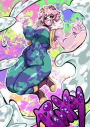 Rule 34 | 1girl, ashido mina, ass, bare shoulders, bed, boku no hero academia, breasts, closed mouth, colored skin, covered erect nipples, english text, feet, female focus, horns, konakona, large breasts, looking at viewer, no shoes, pink hair, pink skin, short hair, smile, text focus, toes, translation request