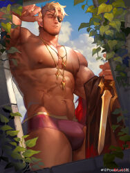 Rule 34 | 1boy, abs, absurdres, bara, beard stubble, blonde hair, bulge, cloud, coin, day, eugene kidd, eyepatch, facial hair, from below, gold coin, highres, holding, holding sword, holding weapon, large pectorals, looking ahead, male focus, male underwear, mature male, medium sideburns, muscular, muscular male, navel, navel hair, nipples, one eye covered, original, outdoors, pectorals, pink male underwear, powerlesssong, short hair, sky, solo, stomach, stubble, sword, thick eyebrows, thighs, topless male, twitter username, underwear, weapon