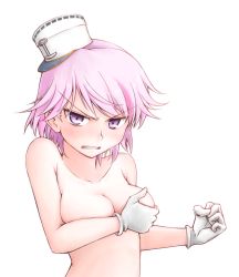 Rule 34 | 1girl, blush, breasts, breasts day, cleavage, clenched hand, clenched teeth, covering breasts, covering privates, giuseppe garibaldi (kancolle), glaring, gloves, hat, kantai collection, medium breasts, meihemu, mini hat, nude, pink eyes, pink hair, scowl, short hair, simple background, solo, teeth, upper body, white background, white gloves, white hat