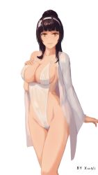 Rule 34 | 1girl, alternate costume, alternate hairstyle, artist name, black hair, blush, breasts, cape, cleavage, collarbone, covered erect nipples, flower, girls&#039; frontline, groin, hair flower, hair ornament, hairband, hand on own chest, highres, large breasts, long hair, looking at viewer, one-piece swimsuit, parted lips, ponytail, sidelocks, simple background, smile, solo, swimsuit, thighs, type 95 (girls&#039; frontline), very long hair, wet, wet clothes, wet swimsuit, white background, white hairband, white one-piece swimsuit, xu ni, yellow eyes