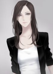Rule 34 | 1girl, black jacket, breasts, brown hair, erise, expressionless, eyeshadow, grey background, grey eyes, highres, jacket, long hair, looking at viewer, makeup, original, shirt, simple background, sleeves pushed up, small breasts, solo, upper body, white shirt
