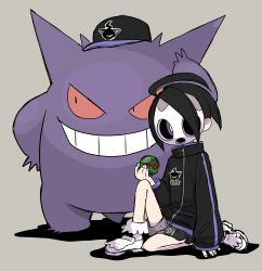 Rule 34 | 1boy, absurdres, ahoge, allister (pokemon), arm up, baseball cap, black eyes, black hair, bobby socks, child, clothed pokemon, colored sclera, creatures (company), dusk ball, full body, game freak, gen 1 pokemon, gengar, grey background, grin, gym leader, hair over one eye, hand on own hip, hand up, happy, hat, highres, holding, holding poke ball, huge ahoge, jacket, knee up, long sleeves, looking at viewer, looking to the side, male focus, mask, nintendo, poke ball, pokemon, pokemon (creature), pokemon swsh, purple eyes, purple headwear, purple jacket, red sclera, semi kon, shoes, short hair, short shorts, shorts, side slit, simple background, sitting, sleeves past wrists, smile, socks, standing, teeth, white footwear, white legwear, zipper, zipper pull tab