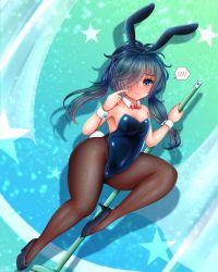 Rule 34 | 1girl, animal ears, black hair, black pantyhose, blue eyes, blue leotard, bow, bowtie, breasts, bunny day, commentary request, detached collar, fishnet pantyhose, fishnets, full body, gradient hair, hair over one eye, highres, leotard, momiji nabe no nabe, multicolored hair, pantyhose, playboy bunny, pole dancing, pop&#039;n music, rabbit ears, rabbit tail, red bow, red bowtie, small breasts, solo, spoken blush, strapless, strapless leotard, tail, uta (pop&#039;n music), wrist cuffs