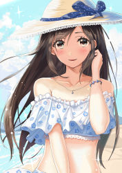 Rule 34 | 1girl, bare shoulders, beach, black eyes, black hair, blue ribbon, blush, bracelet, cloud, collarbone, commentary request, crop top, day, floral print, frills, tucking hair, hand up, hat, hat ribbon, jewelry, kinugasa yuuichi, lace-trimmed hat, lace trim, light blush, long hair, looking at viewer, midriff, necklace, original, outdoors, parted lips, ribbon, smile, solo, sparkle, strapless, sun hat, upper body