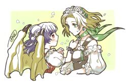 Rule 34 | 2girls, bare shoulders, batoson54, blonde hair, closed mouth, detached sleeves, dragon wings, dress, drop earrings, earrings, fire emblem, fire emblem: the sacred stones, fire emblem heroes, flower, green eyes, hair flower, hair ornament, jewelry, looking at another, multiple girls, myrrh (fire emblem), myrrh (valentine) (fire emblem), nintendo, official alternate costume, petals, puffy short sleeves, puffy sleeves, purple hair, red eyes, selena (fire emblem: the sacred stones), selena (valentine) (fire emblem: the sacred stones), short sleeves, sweatdrop, twintails, upper body, wings