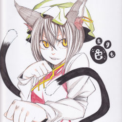 Rule 34 | 1girl, absurdres, animal ears, bad id, bad pixiv id, brown hair, cat ears, cat girl, cat tail, chen, colored pencil (medium), earrings, face, female focus, foreshortening, hat, highres, iro marimo, jewelry, long sleeves, multiple tails, paw print, shikishi, single earring, slit pupils, solo, tail, touhou, traditional media, yellow eyes