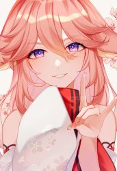 Rule 34 | 1girl, absurdres, animal ears, bare shoulders, close-up, detached sleeves, fingernails, fox ears, fox shadow puppet, genshin impact, grin, hair between eyes, hand up, highres, long hair, long sleeves, looking at viewer, nail polish, pink hair, pink nails, purple eyes, ringed eyes, smile, solo, straight-on, tana (tanabio), upper body, white sleeves, yae miko