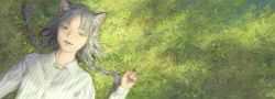 Rule 34 | 1girl, animal ears, braid, cat ears, collared shirt, fangs, fingernails, from above, grass, green eyes, green nails, grey hair, hand up, highres, long hair, long sleeves, looking at viewer, lying, nail polish, negative space, on back, original, parted bangs, parted lips, shirt, slit pupils, smile, solo, striped clothes, striped shirt, tunapon01, twin braids, vertical-striped clothes, vertical-striped shirt, white shirt, wide shot, wing collar