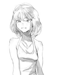 Rule 34 | 1girl, blunt bangs, blush stickers, check commentary, check copyright, commentary, commentary request, copyright request, greyscale, highres, jewelry, monochrome, necklace, nostrils, open mouth, original, ranko no ane, short hair, sketch, sleeveless, tank top, teeth, upper body, v-shaped eyebrows, white background