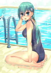 Rule 34 | 10s, 1girl, :d, ^^^, alternate costume, aqua eyes, aqua hair, bad id, bad pixiv id, bare arms, bare legs, bare shoulders, barefoot, blush, breasts, feet, from side, full body, hair between eyes, hair ornament, highres, kantai collection, large breasts, long hair, looking at viewer, looking to the side, one-piece swimsuit, open mouth, osananajimi neko, pool, pool ladder, poolside, school swimsuit, sitting, smile, soles, solo, suzuya (kancolle), swimsuit, toes, wariza