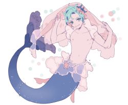 Rule 34 | 1boy, adjusting clothes, artist name, blue eyes, blue hair, closed mouth, creatures (company), earrings, fins, fish tail, full body, game freak, gem, gen 7 pokemon, jewelry, lips, looking at viewer, male focus, matching hair/eyes, merman, milkuriem, monster boy, navel, nintendo, nipples, pearl (gemstone), personification, pokemon, pokemon sm, primarina, smile, solo, tail, topless male, veil