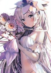 Rule 34 | 1girl, absurdres, arm ribbon, babydoll, bare shoulders, blush, bouquet, breasts, choker, detached collar, elbow gloves, flower, frilled sleeves, frills, from side, gloves, grey babydoll, grey eyes, grey panties, hair between eyes, hair ornament, hair ribbon, hand up, highres, holding, holding bouquet, kouyafu, long hair, looking at viewer, medium breasts, original, panties, parted lips, purple ribbon, ribbon, scan, see-through, silver hair, simple background, solo, underwear, white background, white flower