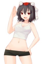 Rule 34 | 1girl, :d, arm up, bare arms, bike shorts, bike shorts pull, black hair, breasts, cleavage, cowboy shot, crop top, hair between eyes, hat, looking at viewer, medium breasts, miyo (ranthath), navel, open mouth, pom pom (clothes), pulled by self, red eyes, red hat, shameimaru aya, short shorts, shorts, simple background, smile, solo, tokin hat, touhou, white background