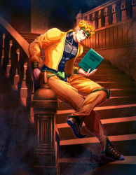 Rule 34 | 1boy, abs, blonde hair, blurry, book, c-7 (assate), crossed legs, depth of field, dio brando, earrings, headband, holding, holding book, jacket, jewelry, jojo no kimyou na bouken, knee pads, male focus, on railing, pointy footwear, railing, red eyes, shoes, sitting, solo, stairs
