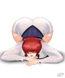 Rule 34 | 1girl, ass, bent over, breast press, breasts, clothes, female focus, hair between eyes, highres, huge ass, large breasts, long hair, looking at viewer, red hair, shermie (kof), simple background, skd, smile, snk, solo, the king of fighters, top-down bottom-up, twintails, white background