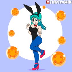 Rule 34 | 1girl, animal ears, animated, animated gif, black leotard, blue eyes, blue hair, blush, bouncing breasts, bow, bowtie, breasts, bulma, rabbit ears, rabbit tail, playboy bunny, cleavage, detached collar, dragon ball, dragon ball (object), fake animal ears, female focus, happy, high heels, jumping, leotard, looking at viewer, medium breasts, no bra, open mouth, pantyhose, red footwear, smile, solo, tail, thighband pantyhose, twistedgrim, wrist cuffs