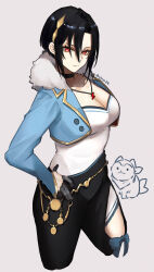 Rule 34 | 1girl, asymmetrical bangs, asymmetrical clothes, black gloves, black hair, black pants, breasts, cleavage, cleavage cutout, clothing cutout, commentary request, cropped jacket, fire emblem, fire emblem engage, fur trim, gloves, hair between eyes, half gloves, highres, jewelry, long sleeves, looking at viewer, medium breasts, necklace, nel (fire emblem), nintendo, official alternate costume, pants, parted bangs, red eyes, seinikuten, short hair, simple background, solo, sommie (fire emblem), thigh cutout
